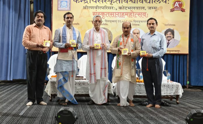 Guests and organizers during inaugural of Sanskrit Week celebration at Shri Ranbir Campus of Central Sanskrit University Jammu on Monday.