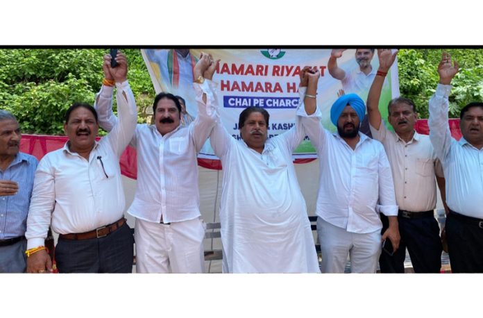 Senior Congress leaders during public meeting in Jammu on Monday.