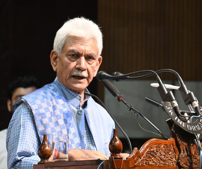LG Manoj Sinha addressing the Medhavi Chhatra Samman Samaroh on Monday.