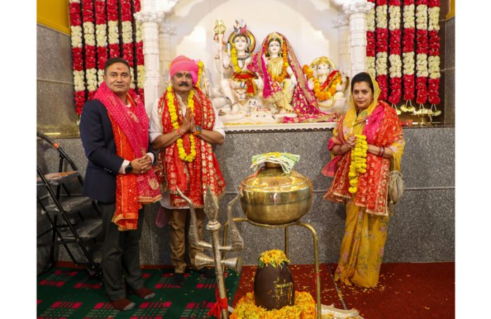 Trustee of J&K Dharmarth Trust Vikramaditya Singh along with Chitrangada Raje Singh performing 'Pran-Pratishtha' of reconstructed Maharani Temple in Gulmarg.