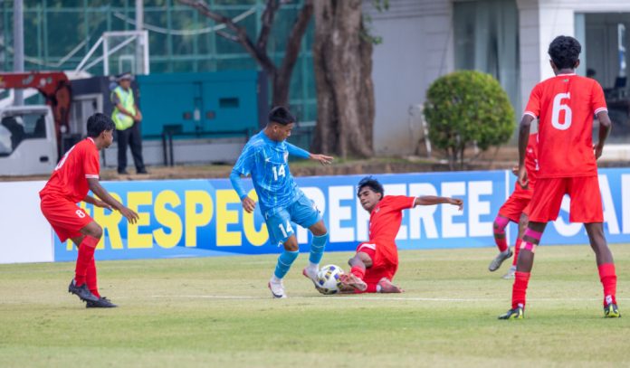 Players in action during a football match between India and Maldives at Colombo.