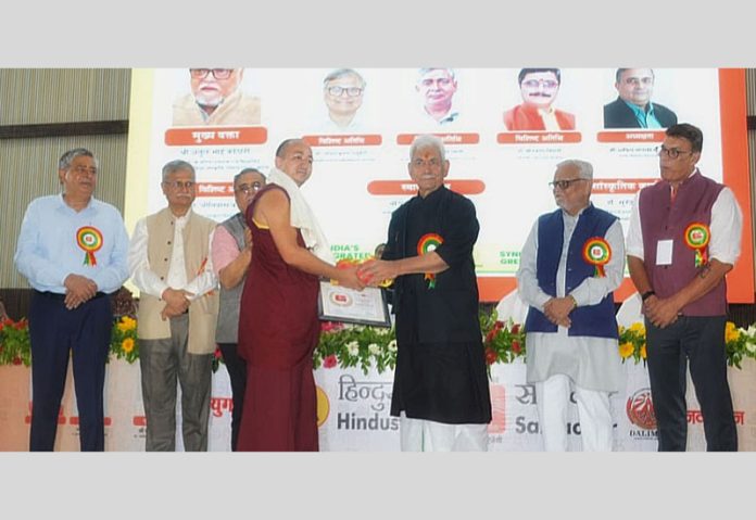 Lt Governor Manoj Sinha during Bhartiya Bhasha Samagam at Varanasi on Saturday.