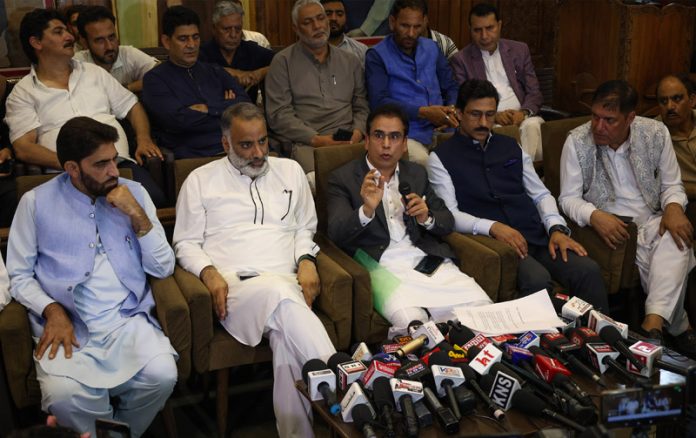 NC MLAs led by Tanvir Sadiq during a press conference in Srinagar on Saturday. -Excelsior/Shakeel