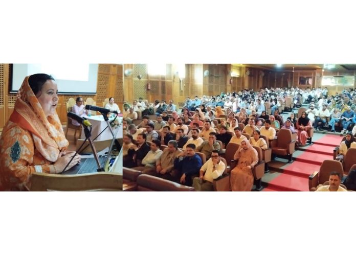 Minister Sakeena Itoo addressing during an event at GDC Srinagar.
