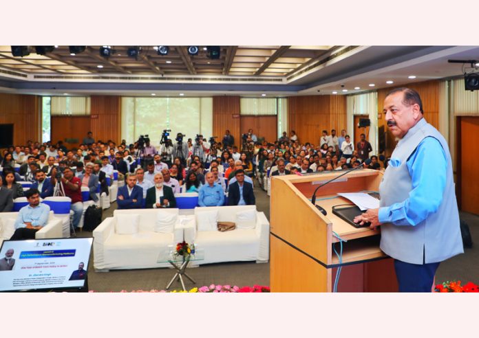Union Minister Dr Jitendra Singh speaking at an interactive meet of the Department of Biotechnology (DBT) and BIRAC with industry stakeholders at India International Centre, New Delhi on Monday.