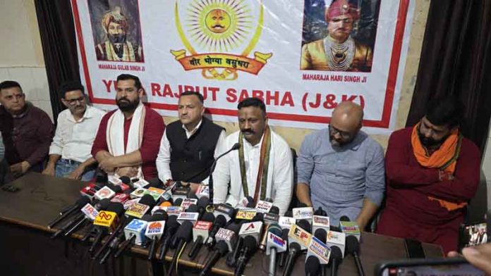 Leaders of Yuva Rajput Sabha addressing a press conference at Jammu on Thursday. Leaders of Yuva Rajput Sabha addressing a press conference at Jammu on Thursday.