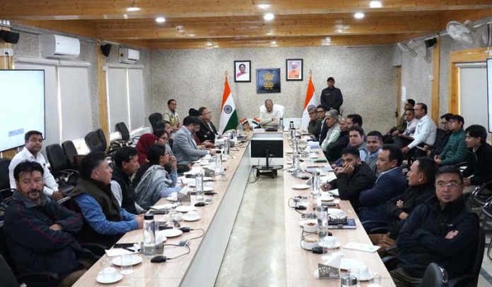 LG Kavinder Gupta chairing a meeting in Leh on Wednesday.