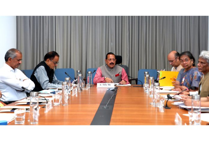 Union Minister Dr Jitendra Singh chairing a high-level joint meeting of Union Secretaries from different Science Ministries and Departments at Kartavya Bhawan, New Delhi on Wednesday.