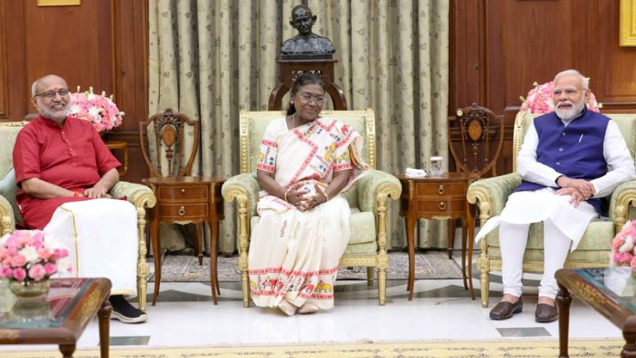 President Droupadi Murmu with Prime Minister Narendra Modi and Vice President CP Radhakrishnan during the latter’s swearing-in-ceremony, at Ganatantra Mandap, Rashtrapati Bhavan in New Delhi on Friday. (UNI) President Droupadi Murmu with Prime Minister Narendra Modi and Vice President CP Radhakrishnan during the latter’s swearing-in-ceremony, at Ganatantra Mandap, Rashtrapati Bhavan in New Delhi on Friday. (UNI)