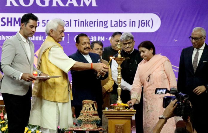 LG Manoj Sinha and Union MoS in PMO Dr Jitendra Singh during a function at Kashmir University on Thursday. - Excelsior/Shakeel