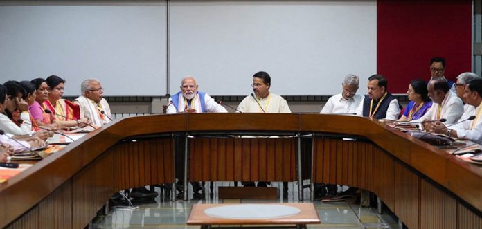 Prime Minister Narendra Modi attending the BJP MPs’ workshop for Vice President poll at GMC Balayogi Auditorium in New Delhi on Sunday. (UNI)