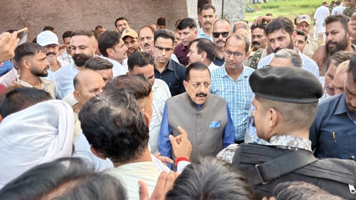 Union Minister Dr Jitendra Singh visiting the flood affected villages along Zero Line of International Border (IB) in Hiranagar sector on Friday. Union Minister Dr Jitendra Singh visiting the flood affected villages along Zero Line of International Border (IB) in Hiranagar sector on Friday.
