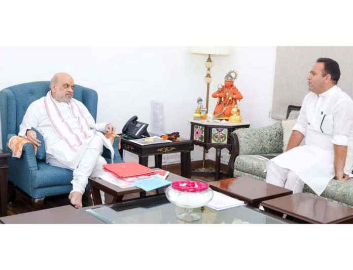 Leader of Opposition Sunil Sharma during a meeting with Union Home Minister Amit Shah at New Delhi on Monday.