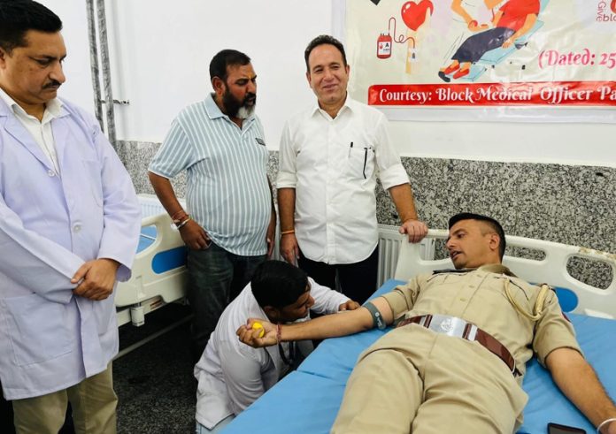 Leader of Opposition in J&K Assembly, Sunil Sharma inaugurating a blood donation camp at Padder Kishtwar on Thursday.