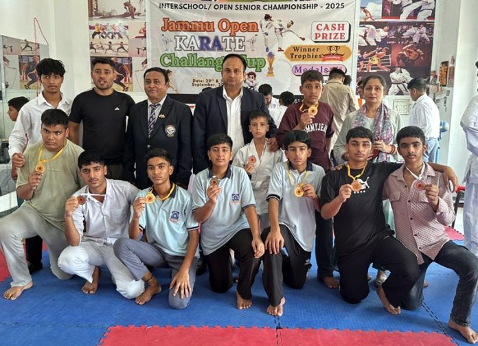 Students of Lawrence Public School posing along with school management.