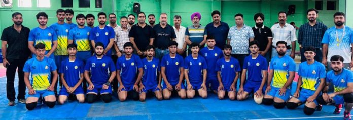 Kabaddi players posing along with dignitaries during an event at Jammu University. Kabaddi players posing along with dignitaries during an event at Jammu University.
