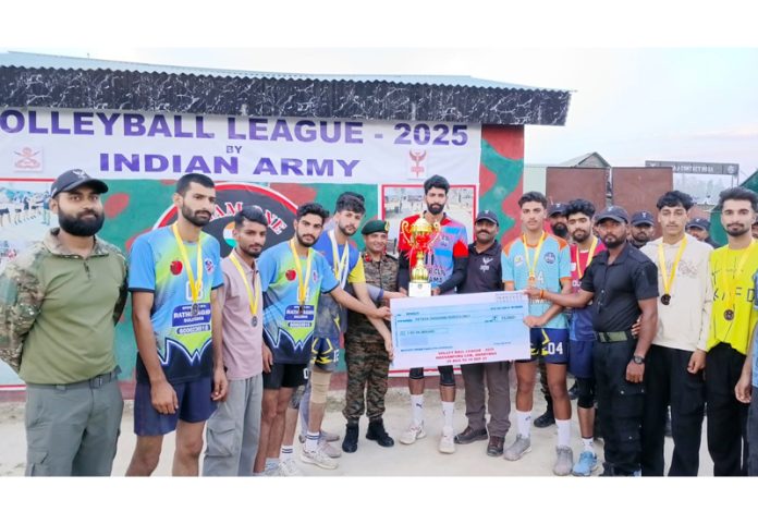 Team members of SVC Pulwama posing with trophy and a cheque. -Excelsior/Sajad Dar Team members of SVC Pulwama posing with trophy and a cheque. -Excelsior/Sajad Dar