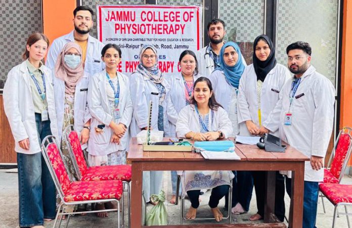 Students and teachers of Jammu College of Physiotherapy celebrating World Physiotherapy Day at College premises on Monday.