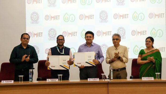Dignitaries from MIET and IIT Ropar's iHub-AWaDH after signing a Memorandum of Understanding during an event in Jammu on Friday.