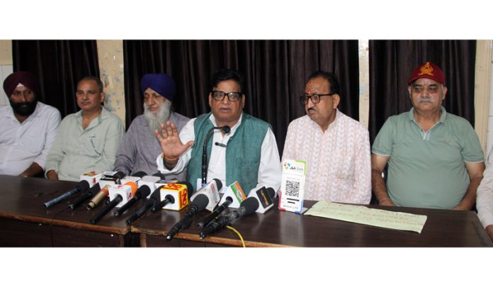 Office bearers of J&K Sewa Samiti at a press conference at Jammu on Friday. -Excelsior/ Rakesh