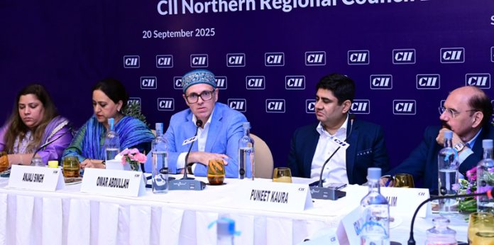 CM Omar Abdullah addressing a meeting of CII in Srinagar. CM Omar Abdullah addressing a meeting of CII in Srinagar.