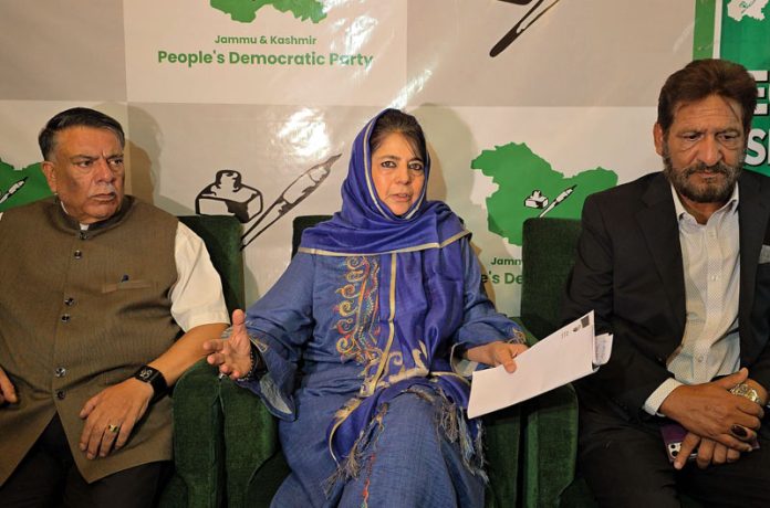 Peoples Democratic Party president Mehbooba Mufti during a press conference in Srinagar on Wednesday.