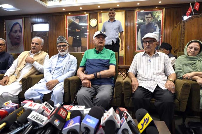 National Conference President Farooq Abdullah addressing a press conference in Srinagar. -Excelsior/Shakeel