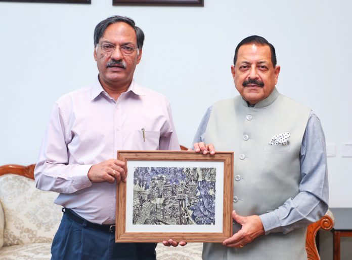 President, Indian National Science Academy (INSA), Prof Ashutosh Sharma calling on Union Minister Dr Jitendra Singh at Kartavya Bhawan, New Delhi on Monday.
