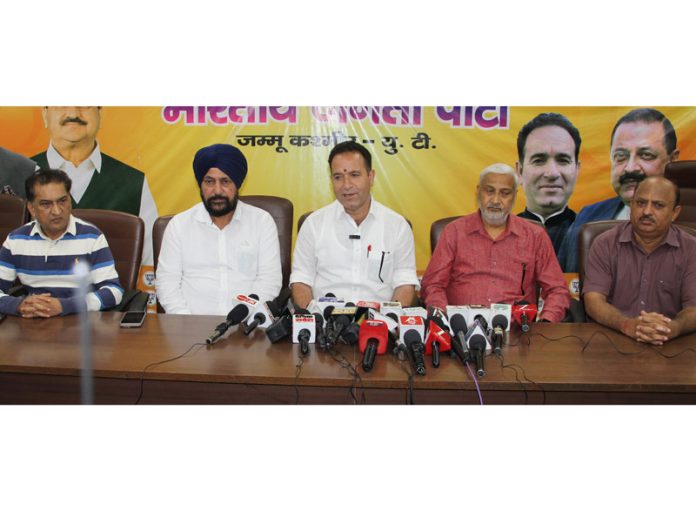 BJP leaders during a press conference at Jammu on Tuesday. —Excelsior/Rakesh BJP leaders during a press conference at Jammu on Tuesday. —Excelsior/Rakesh