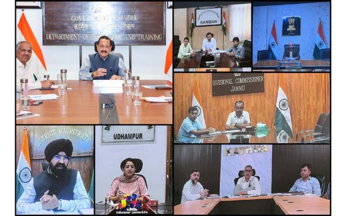 Union Minister Dr. Jitendra Singh holding a video meeting with Divisional Commissioner Jammu, Ramesh Kumar and DCs of Kathua, Udhampur, Doda, Kishtwar and Ramban on Thursday.