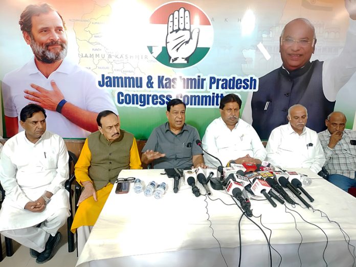 Senior Cong leaders addressing joint press conference in Jammu on Saturday. -Excelsior/Rakesh