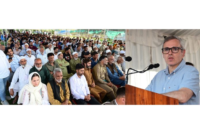 CM addressing a gathering at Ganderbal on Monday.