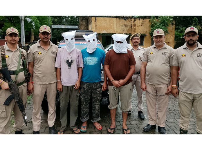 The narcotic smugglers arrested by Kathua police on Tuesday. —Excelsior/Pardeep