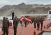 Army officers paying tribute to fallen soldiers during celebration of 26th Raising Day of Fire and Fury Corps in Leh on Monday.