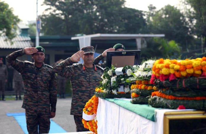 Army personnel paying homage to the mortal remain of Lance Dafadar Baldev Chand at Indian Air Force Station in Jammu on Sunday. (UNI) Army personnel paying homage to the mortal remain of Lance Dafadar Baldev Chand at Indian Air Force Station in Jammu on Sunday. (UNI)