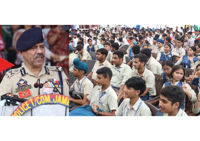 DGP Nalin Prabhat addressing a gathering after inaugurating a mega exhibition on New Criminal Laws in Jammu on Monday. — Excelsior/Rakesh