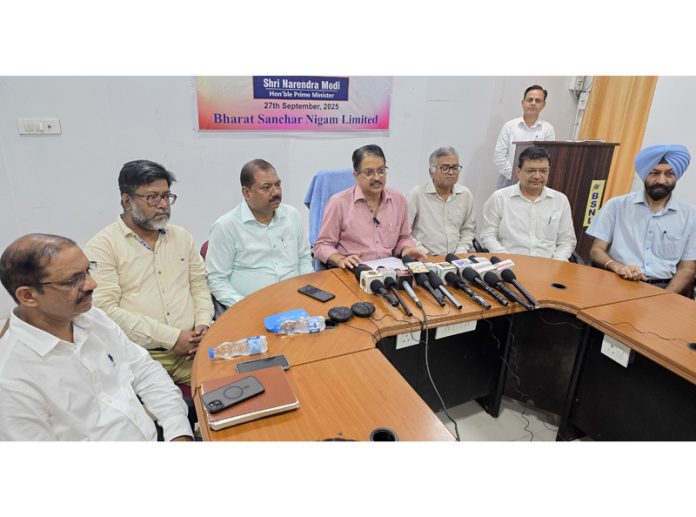 Dignitaries from BSNL addressing media persons in Jammu on Friday. -Excelsior/Rakesh