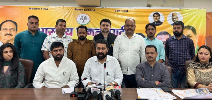 BJYM leaders at a press conference at party office, Trikuta Nagar on Saturday.