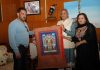 LG Ladakh Kavinder Gupta presenting traditional Thangka to Bollywood Star Salman Khan on Saturday.