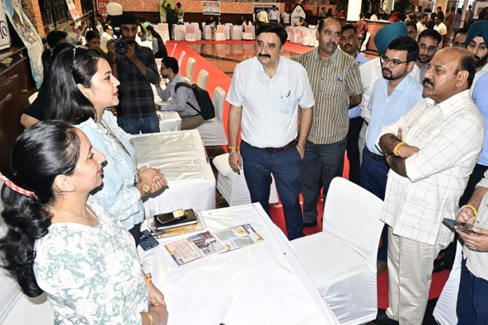 DyCM inspecting a stall at Mega Job Fair in Jammu on Saturday.