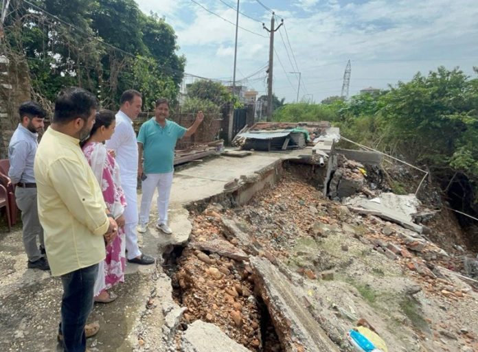 Leader of opposition, Sunil Sharma during visit to flood hit area of Jammu on Saturday.