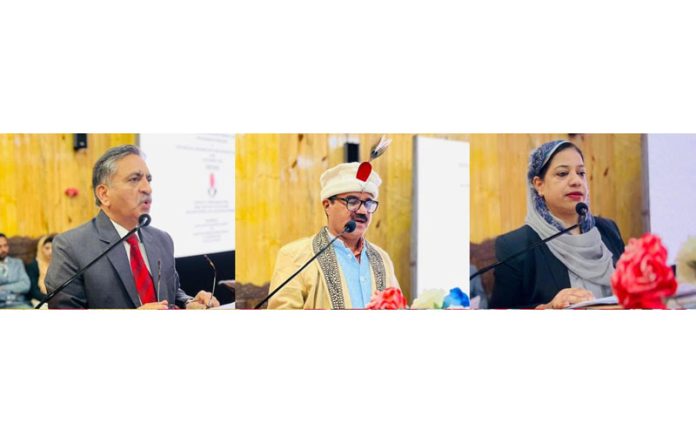 Justice Sanjeev Kumar, Khalil Ahmad Choudhary, Principal District and Sessions Judge Bandipora and Shazia Tabasum, Member Secretary JKLSA speaking during capacity building prog at Gurez. Justice Sanjeev Kumar, Khalil Ahmad Choudhary, Principal District and Sessions Judge Bandipora and Shazia Tabasum, Member Secretary JKLSA speaking during capacity building prog at Gurez.