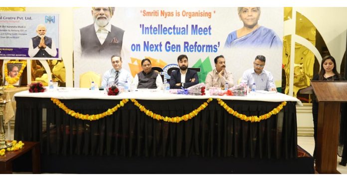 J&K BJP chief Sat Sharma and other dignitaries during a meeting on Next-Gen GST reforms in Jammu.