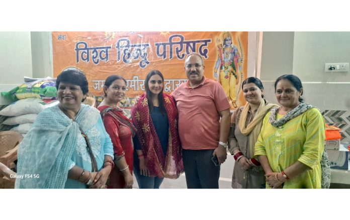 Director Kumud Goel with VHP leaders during a function on Tuesday.
