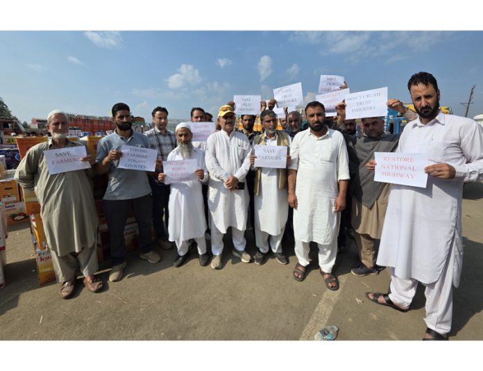 Traders during a protest at Sopore Fruit Mandi in north Kashmir's Baramulla district on Saturday. — Excelsior/Aabid Nabi