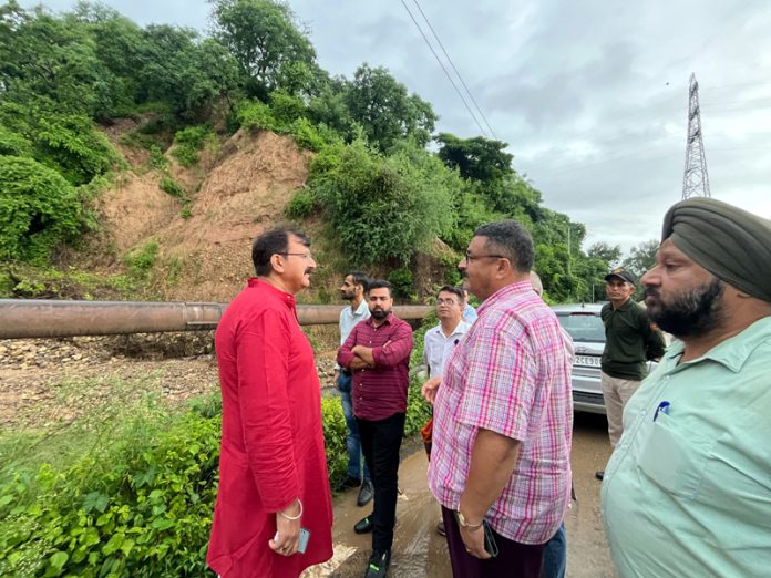 MLA Arvind Gupta reviewing status of PHE restoration works in his constituency on Tuesday.