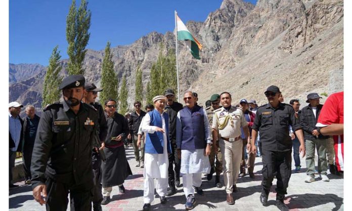LG Kavinder Gupta during visit to Thang village in Turtuk, Nubra.