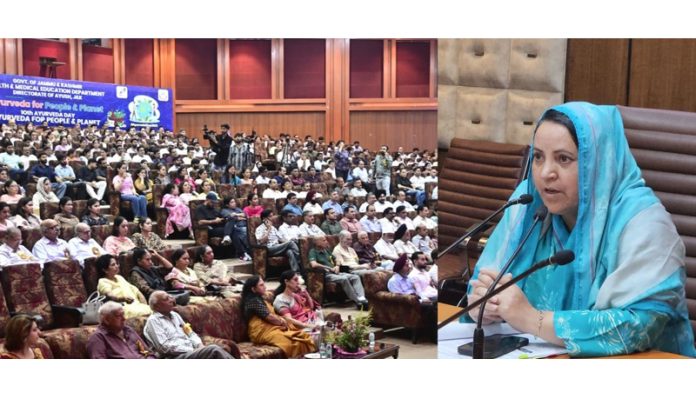 Minister Sakeena Itoo addressing the gathering during 10th National Ayurveda Day celebrations at Convention Centre Jammu. Minister Sakeena Itoo addressing the gathering during 10th National Ayurveda Day celebrations at Convention Centre Jammu.