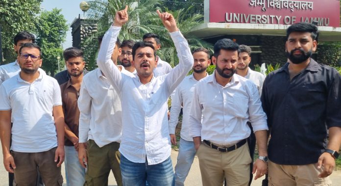 NSUI activists protesting at Jammu on Tuesday. —Excelsior/Rakesh