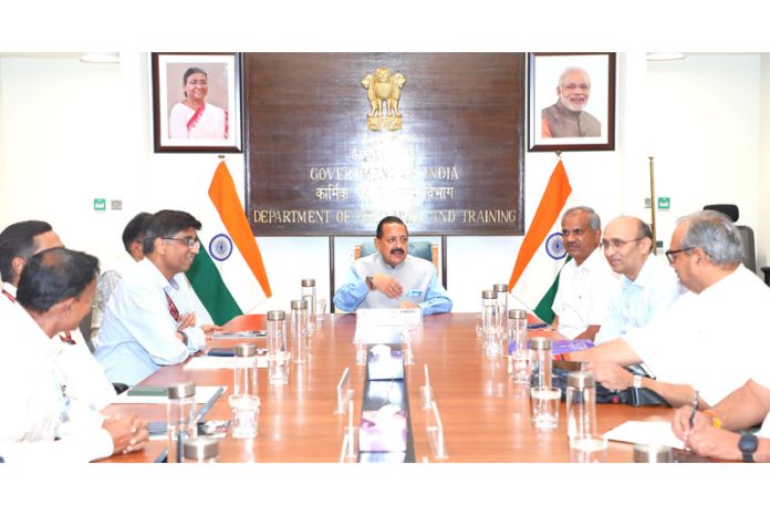 Union Minister Dr. Jitendra Singh convening a high-level meeting to review the preparations for the upcoming India International Science Festival (IISF) 2025, at New Delhi on Monday.
